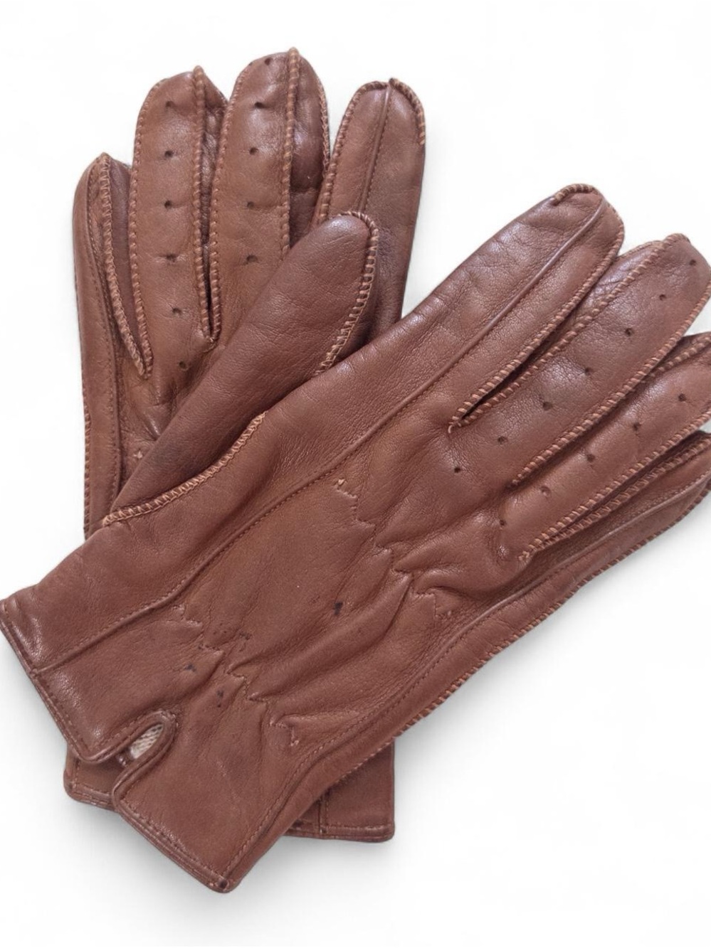Vintage Grandoe Brown Leather Gloves Knit Lined Perforated Driving Style Size 7